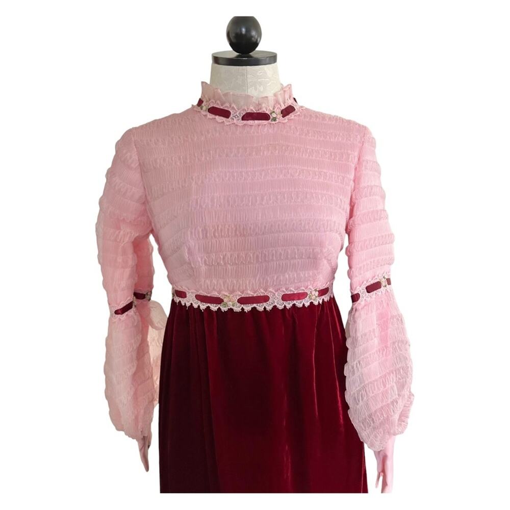 Vintage 1960's Juniors Formal Pink & Burgundy Long Dress Velvet & Nylon Size 7/8 - Picture 9 of 13